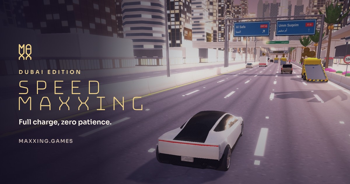 Speedmaxxing: a white electric hypercar on Sheikh Zayed Road with Dubai towers behind it